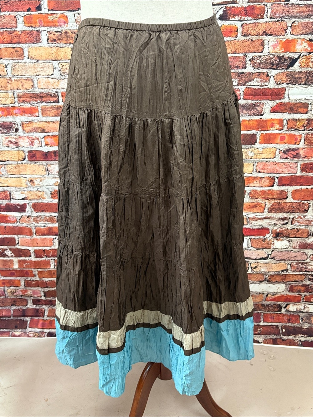 Boden Chocolate Brown Tiered Maxi Skirt with Aqua & Cream Trim 100% Silk Size 10